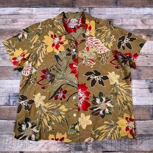 Jamaica Bay Women's Button Up Shirt Tropical Floral Brown Red 1X Short Sleeve